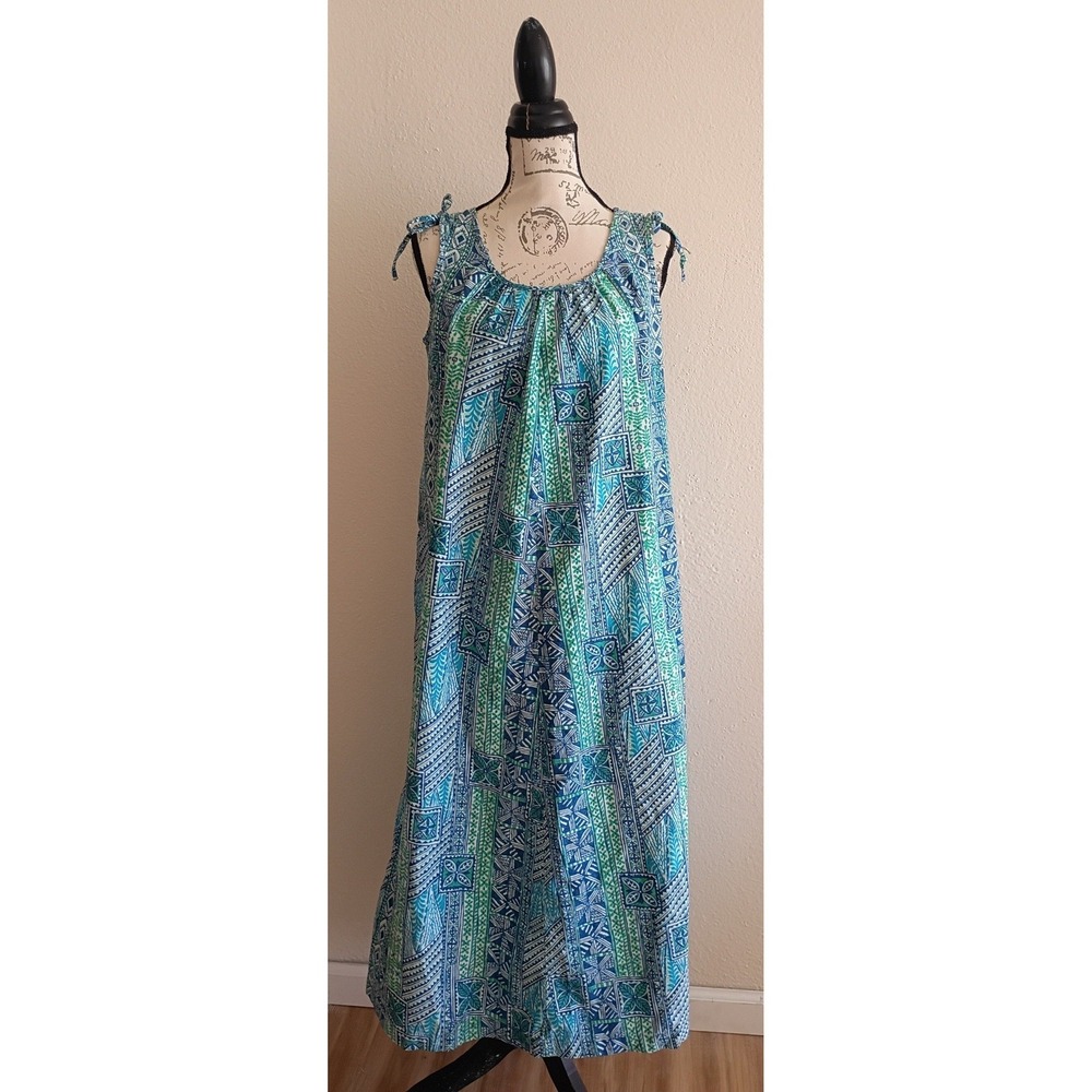 Vintage‎ Hilo Hattie Hawaii Muumuu Dress Blue Green Floral Sleeveless Pockets L